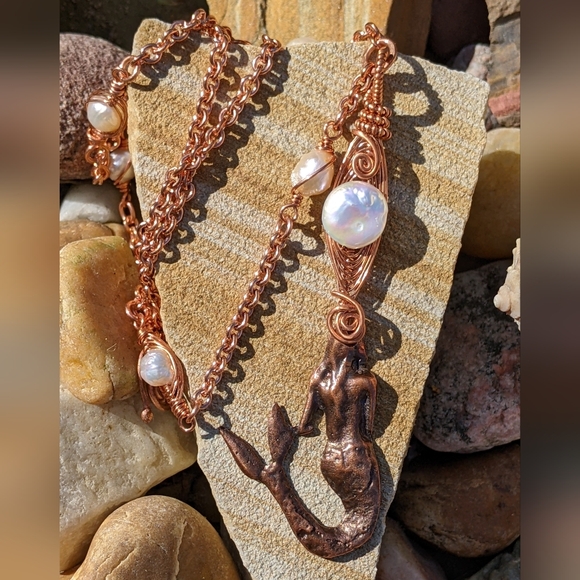 Mermaid Pendant Copper Jewelry Set Fresh Water Pearl Accents - Picture 5 of 16